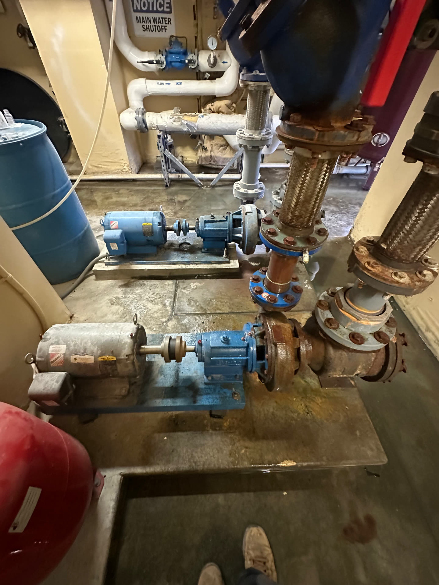 Commercial mechanical room with blue booster pumps and braided supply hoses