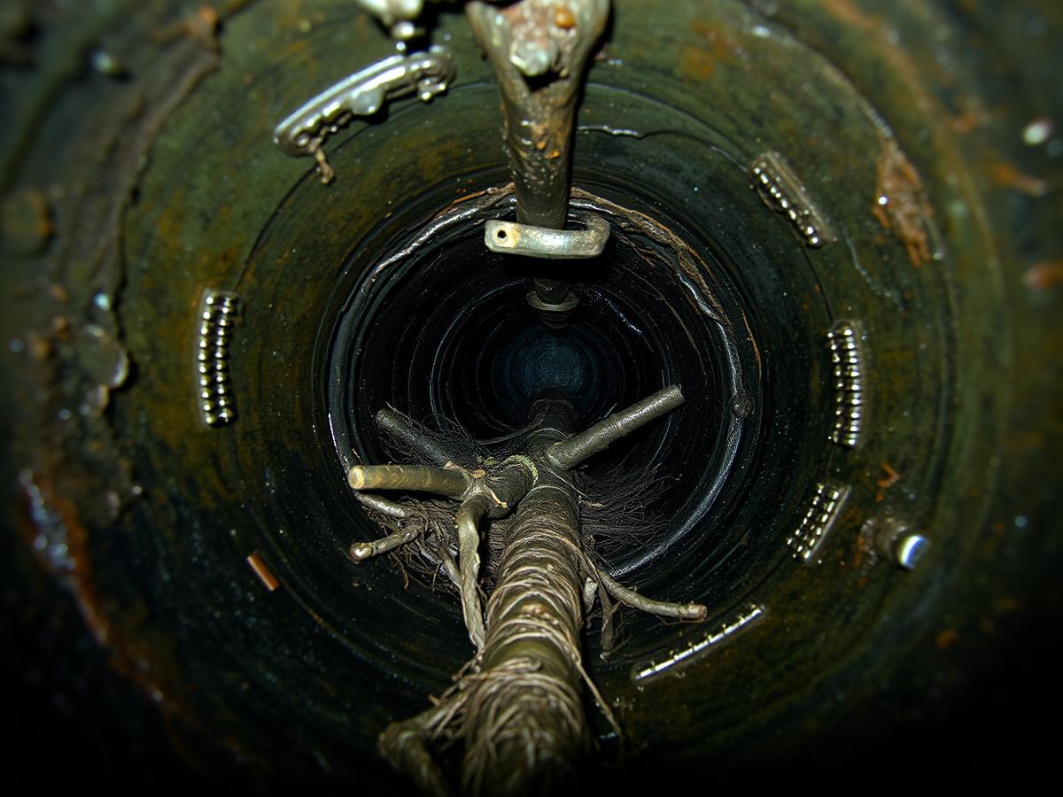 Sewer camera view of a drain line blocked with grease and tree roots before cleaning